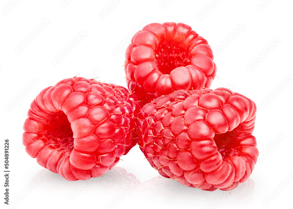 Wall mural Three raspberry berries isolated on white background