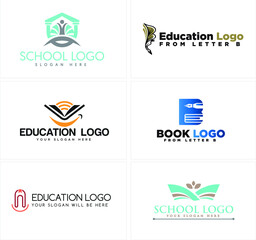 Education logo with symbol home school people, book and initial letter B, boat lotus flower initial logo vector illustration. For label logo library school app business company stationery store