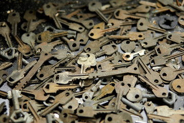 Fototapeta premium Keys set and lock concept at the Locksmith workshop