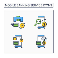 Mobile banking service color icons set. Instant card issuance, check money balances, lock and unlock card, credit score changing. Online banking concept. Isolated vector illustrations