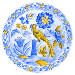 Ukrainian Decorative plate in Gzhel style. yellow blue Colorful Fabulous bird. painted ornament. Ukrainian flowers ornamental decor. - 504892687