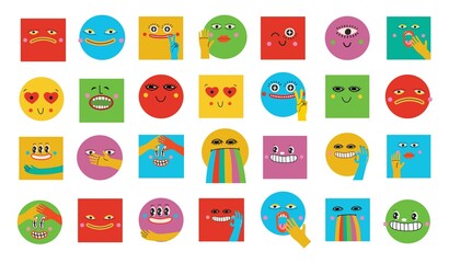 Collection of Round abstract comic Faces with various Emotions. Crazy Abstract comic geometric shape characters elements and faces. Vector Illustration