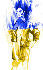 Beautiful Ukraine woman. yellow blue flag. Fashion girl in sketch-style.watercolor illustration. - 504893058