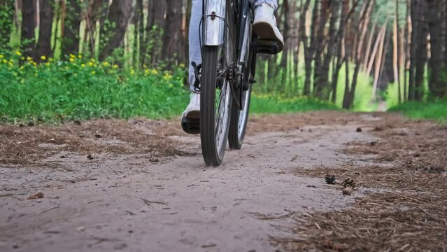 Young woman on a bicycle rides along a forest path in summer day, slow motion. Woman on bike riding on a trail way between green trees in a countryside park. Sport lifestyle, leisure activity, holiday