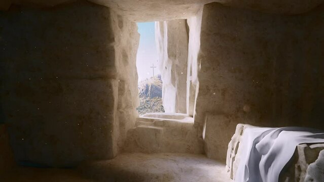 Zoom out view of door opening into sunlit old tomb and revealing holy cross on day of Jesus Christ resurrection on easter morning. 4K Professional 3d Animation.