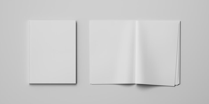 set of white open and closed blank magazine or book isolated on gray background. Blank or layout or mock up. 3d rendering