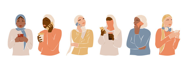 Muslim diversity women with smartphone. Modern abstract girls in hijab chating and talking on phone. Arab bussineswomen. Flat vector illustration isolated on white background.
