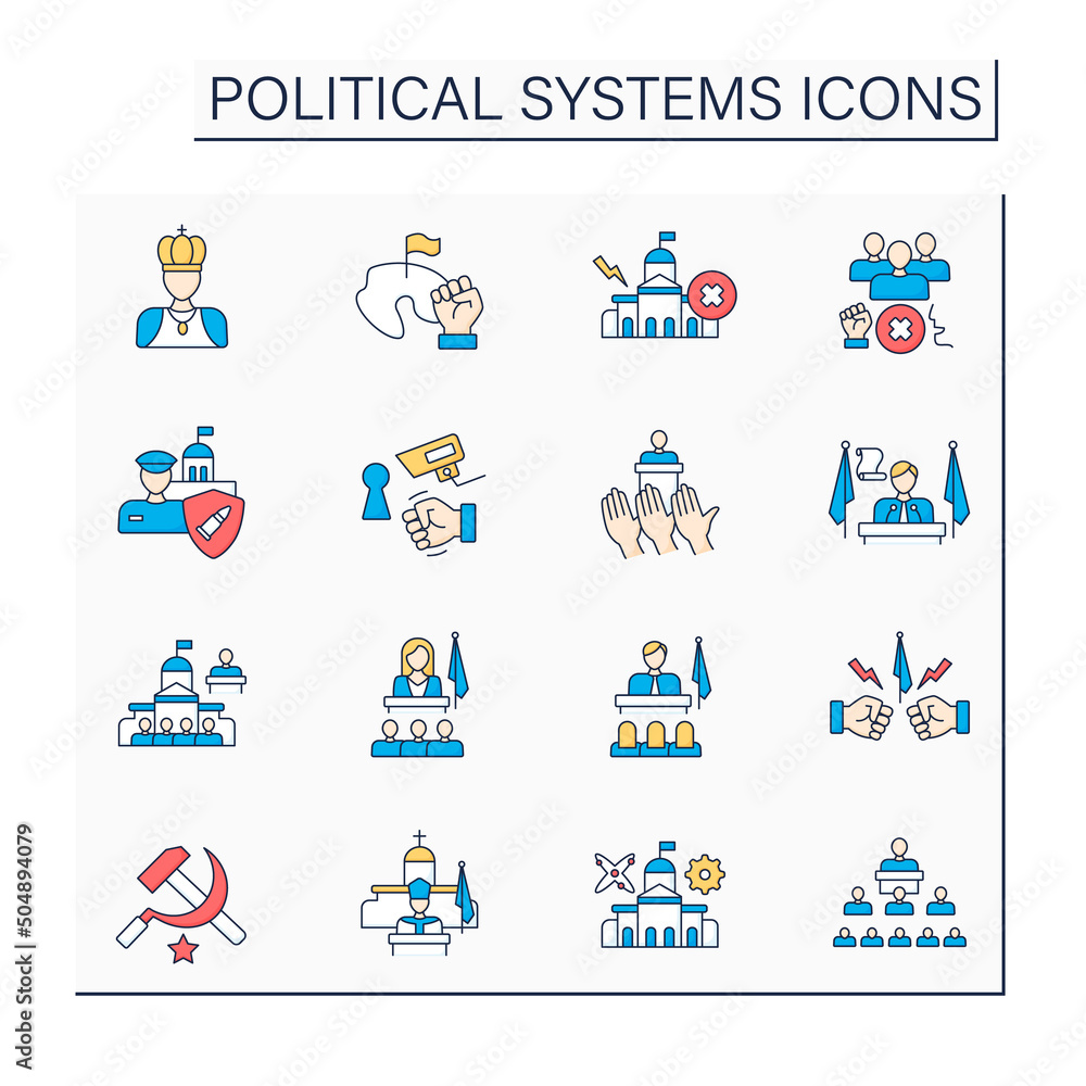 Poster political systems color icons set. orderly multi-faceted system of state and non state relations and