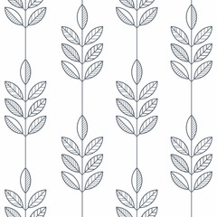 Minimal graphic branches with leaves vector seamless pattern on white background. Floral leaf ornament wallpaper. Botanical geometric backdrop. Template for print, design, banner or card.
