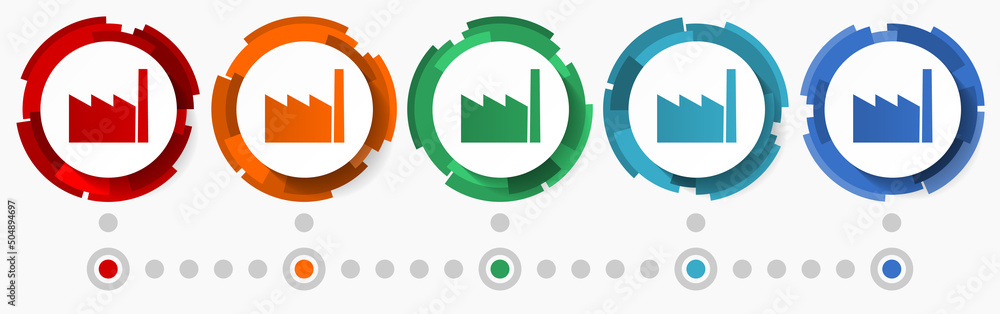 Aufkleber factory, industry concept vector icon set, modern design abstract web buttons in 5 color options, in