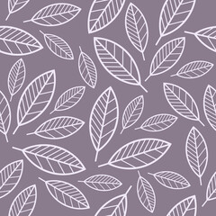 Contour leaves seamless pattern on dark purple background. Graphic leaf vector illustration. Minimal floral wallpaper.Botanical geometric texture backdrop. Template for print, design, banner or card.