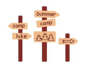 Set of wooden signposts on a tourist route. Way sign to summer camp, hiking trail.  Guidepost with arrow.  Flat isolated vector illustration