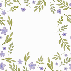 Watercolor hand drawn frame of herbs and violet sketch flowers for fabric texture or decoration cards