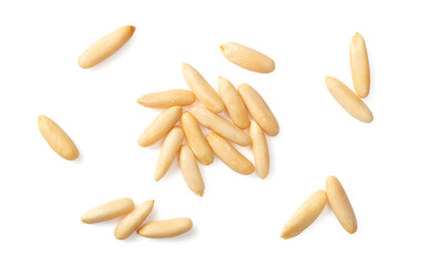 Shelled European pine nuts isolated on white background, top view. - 504895891