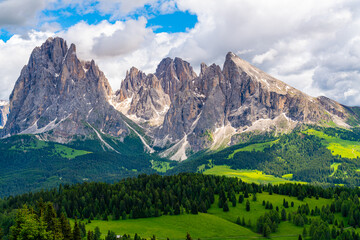 Fototapeta na wymiar View of Saslonch or Sassolungo group or Langkofel group in the Dolomite mountain at Trentino. South Tyrol, Italy