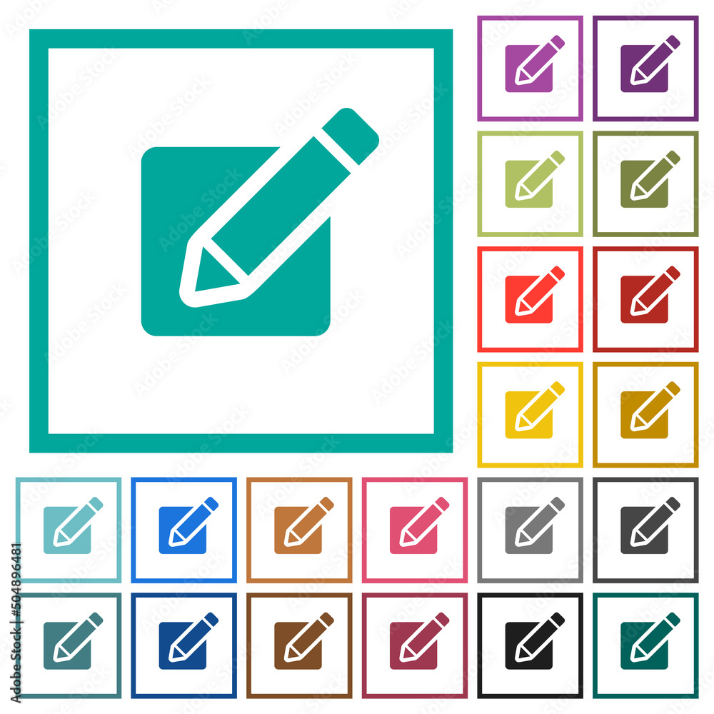 Poster editing box with pencil solid flat color icons with quadrant frames