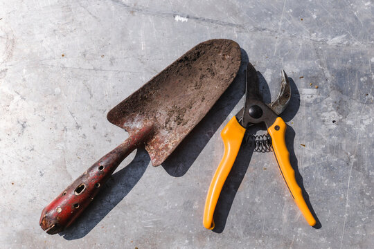 Dirty red garden shovel and yellow pruner on a gray metal isolated background. Copy space