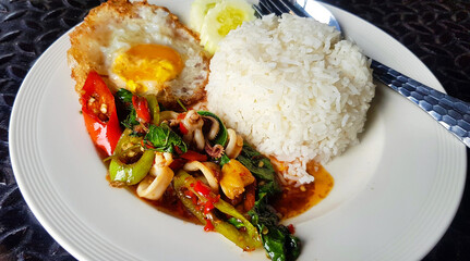 Close up Stir Fried Basil with squid and fried egg in Thai style on white plate or dish at  Thailand restaurant. Spicy food with rice. Famous meal in Asia.