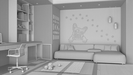 Total white project draft, home workplace with space devoted to pet. Desk with chair, bookshelf and dog bed with gate. Velvet sofa, carpet, dog toys. Parquet floor, interior design