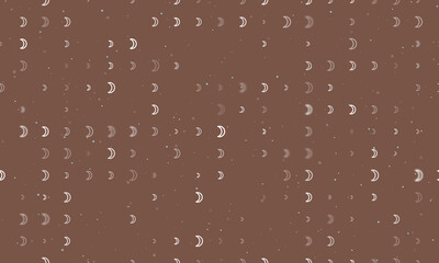 Seamless background pattern of evenly spaced white moon astrological symbols of different sizes and opacity. Vector illustration on brown background with stars