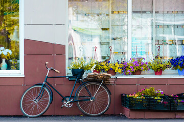 Fototapeta na wymiar The bicycle stands by the store with windows and flowers.