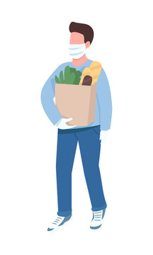 Man in facemask semi flat color vector character. Standing figure. Full body person on white. Guy holding shopping bag simple cartoon style illustration for web graphic design and animation