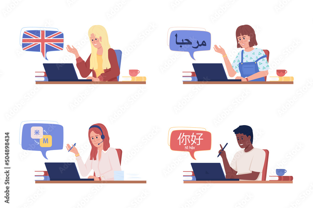 Poster studying language semi flat color vector character set. half body people on white. simple cartoon st