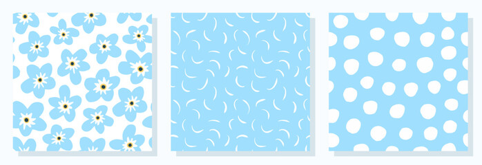 Blue flowers. Vector illustration. Seamless set. Polka dot. Summer.