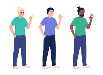 Smiling men waving hands semi flat color vector character set. Standing figures. Full body people on white. Simple cartoon style illustration collection for web graphic design and animation