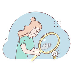 Woman explores a new idea. A young business woman or company employee uses a magnifying glass. Woman explores a new idea. Startup. Flat illustration with linear stroke. Business illustration.