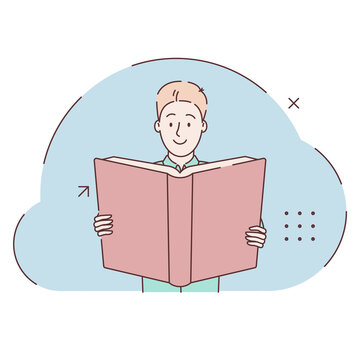 A young man reading a book. Vector flat design illustration isolated on white background. A man holds a book, a student reading a textbook in hands. Hand drawn in thin line style. Illustration.