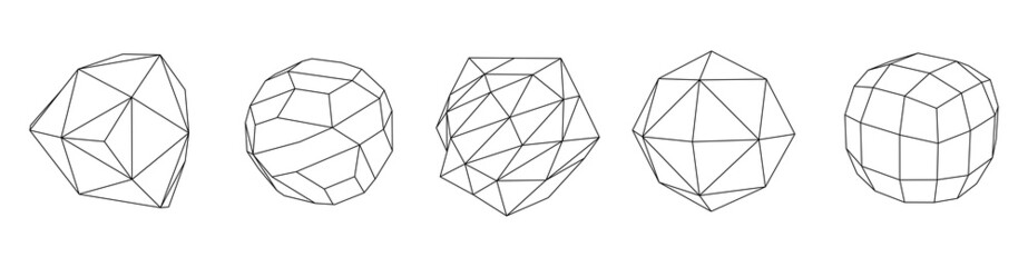 Set of wireframe sphere from different sides. Vector abstract geometric 3D objects. Technology block chain network connection.