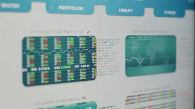Sales profit numbers changing on monitor after global trade, real time exchange market stocks statistics growing. Financial graphs showing money trend, risk buying. Close up. Tripod shot.