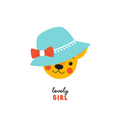 Cute baby kitten in a funny hat. Cheerful vector illustration drawn in flat style for printing on kids textile, birthday cards, stickers