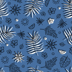 Summer floral pattern with tropical leaves and flowers hand drawn in sketch style on blue background. Cute vector print with rainforest botanical elements for textile, wrapping paper