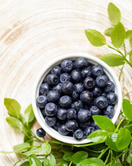 Wet wild forest blueberries in white bowl on wooden cross slice with annual rings. Top view.
