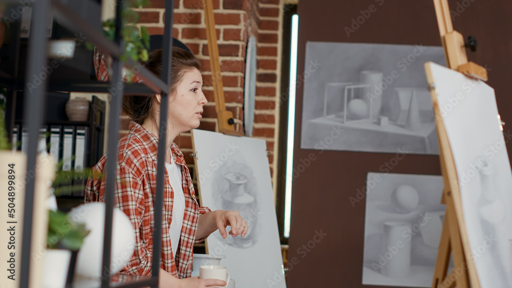 Poster female artist using vase model to explain drawing technique, teaching students to use creativity and
