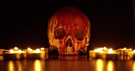 Blood stained skull against dark background closeup