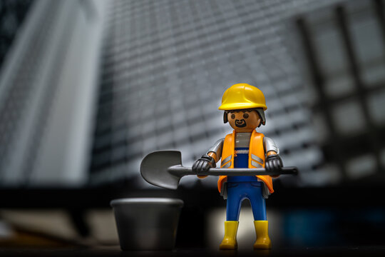 Bangkok, Thailand - May. 15, 2022: Studio shot of Lego construction engineer.Legos are a popular line of plastic construction toys,manufactured by Playmobil Malta Ltd. in Malta and German.