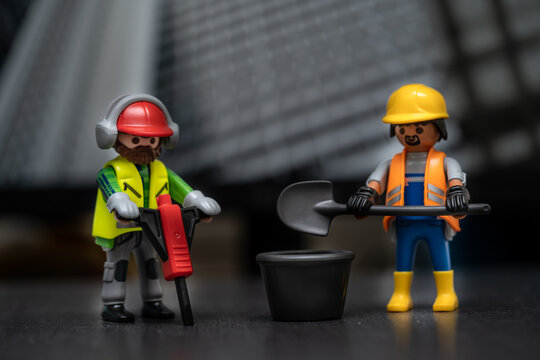 Bangkok, Thailand - May. 15, 2022: Studio shot of Lego construction engineer.Legos are a popular line of plastic construction toys,manufactured by Playmobil Malta Ltd. in Malta and German.
