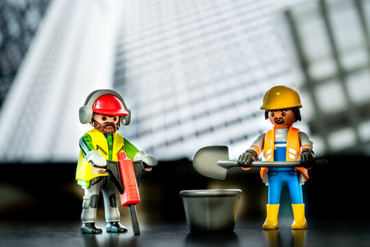 Bangkok, Thailand - May. 15, 2022: Studio shot of Lego construction engineer.Legos are a popular line of plastic construction toys,manufactured by Playmobil Malta Ltd. in Malta and German.
