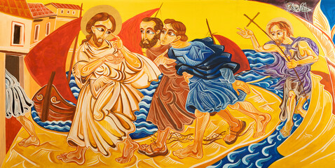 FORLÍ, ITALY - NOVEMBER 11, 2021: The modern fresco Jesus call the apostles to your house (