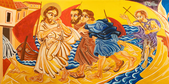 FORL&Iacute;, ITALY - NOVEMBER 11, 2021: The modern fresco Jesus call the apostles to your house ("Come and see.") in the church Chiesa di San Giovanni Battista di Coriano by Franco Vignazia (1995 - 1997).