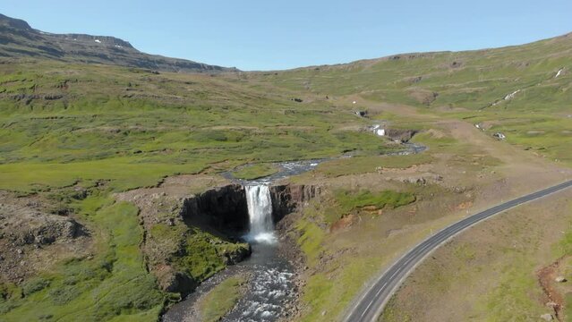 Orbiting Aerial view of Gufufoss (Gufu Waterfall) in Iceland
