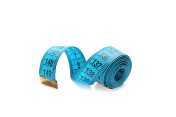 Blue plastic measure tape with metric scale isolated on white background.