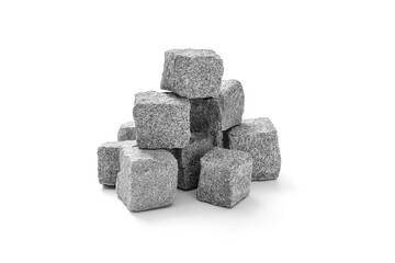 Granite stone cubes, cobblestone pavement on white background