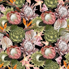 Protea seamless pattern. watercolor realist flowers of protea and anthurium. Illustration wallpaper. fabric print - obrazy, fototapety, plakaty