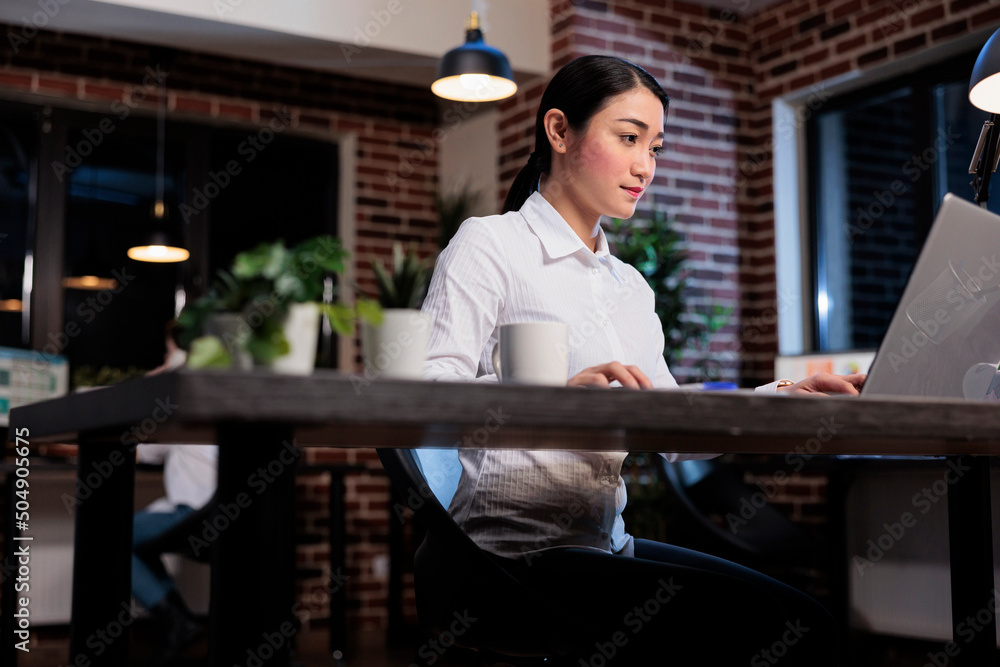 Poster executive manager working on computer laptop while analyzing accounting data and financial strategy.