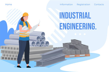 Building technology industrial engineering landing page vector flat woman architect engineer