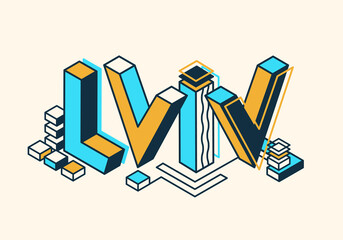 Lviv city colorful isometric stock vector typography illustration. Latin bolt lettering template, typeface. Ukrainian Lviv town design, print for poster, banner, t-shirt. Blue yellow Ukrainian flag.